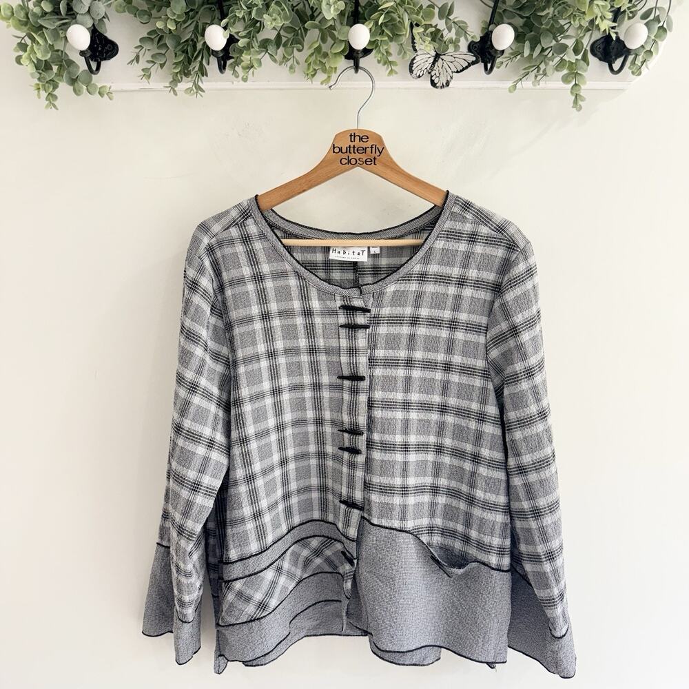 Habitat Black and White Plaid guazy lagenlook Button Front Long Sleeves Size L